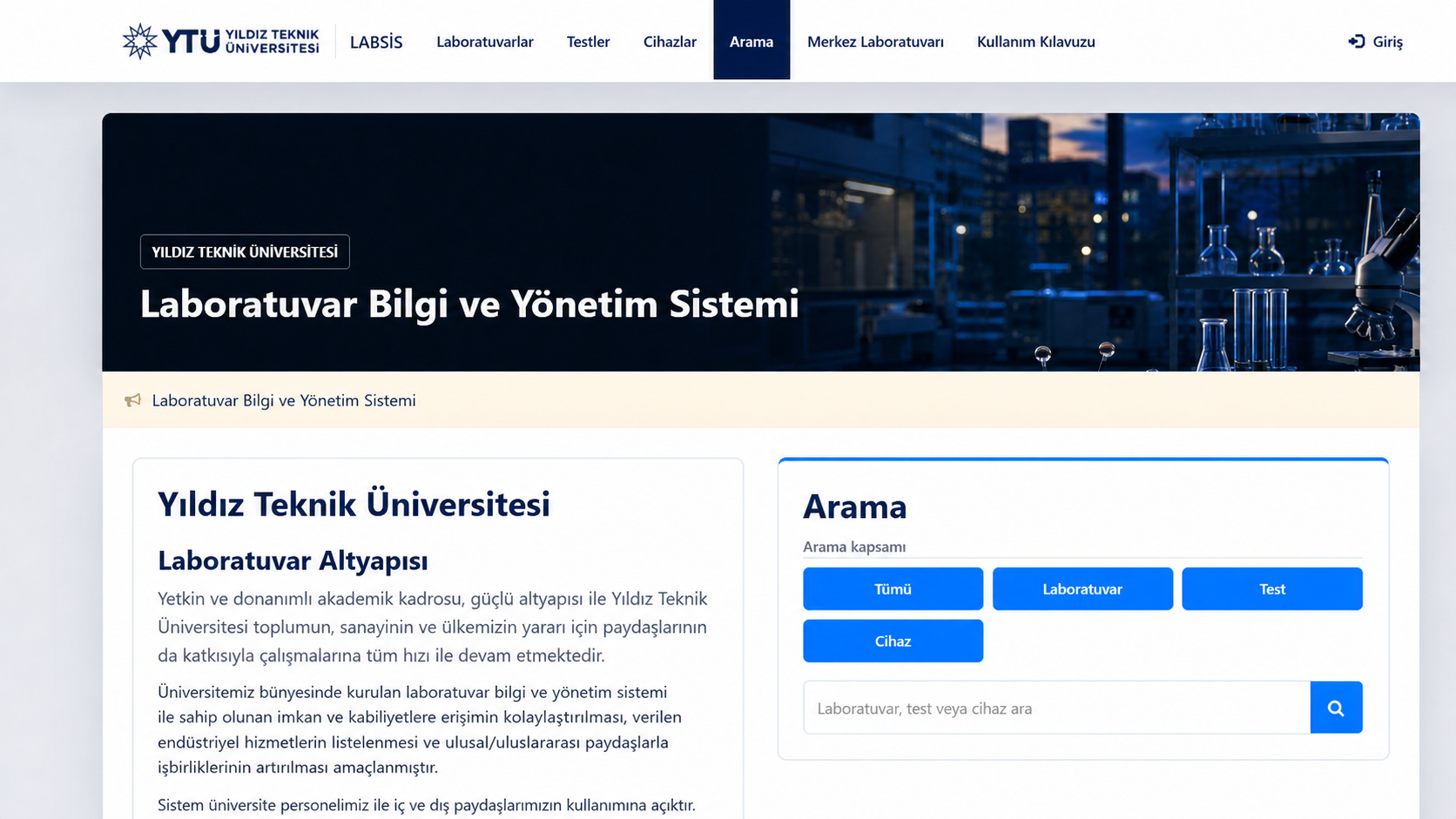 LABSİS ana sayfası ve kategori arama alanı