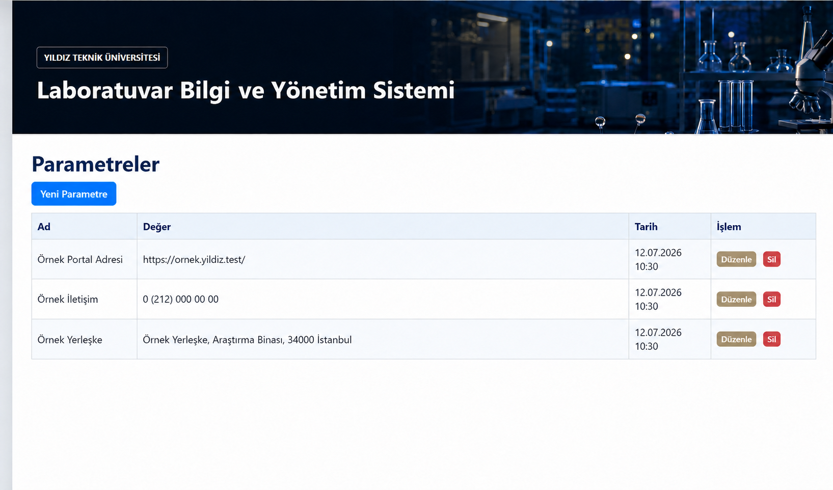 Örnek değerlerle sistem parametreleri listesi