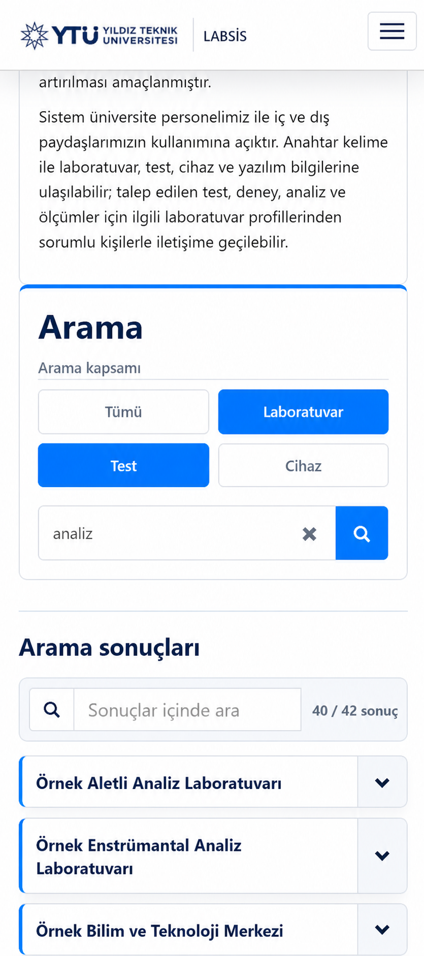 Mobilde çoklu kapsamla yapılan arama sonuçları